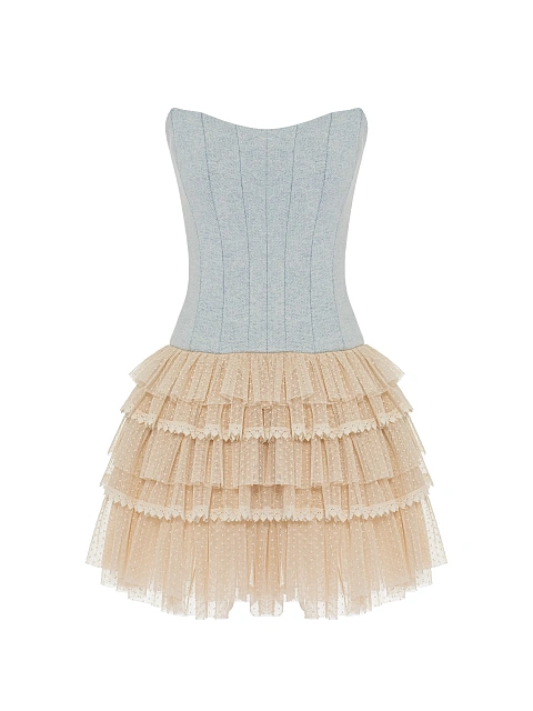 Платье-мини из денима и кружева, 1