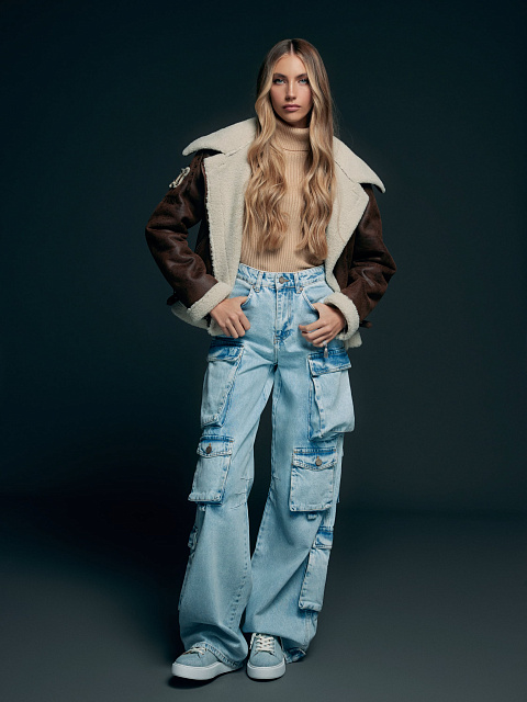 Голубые широкие джинсы-карго, 6