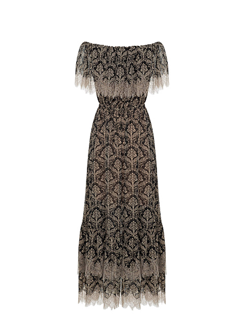 Черное платье-миди с бежевым принтом и воланами, 2 Черное платье-миди с бежевым принтом и воланами, 2