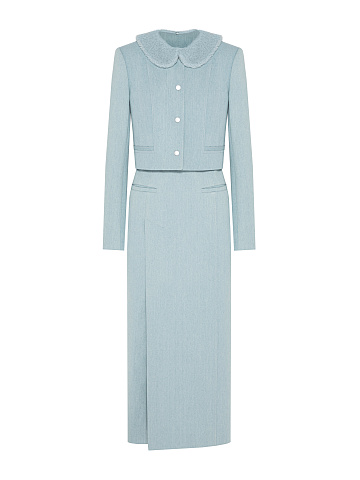 Голубой джинсовый костюм-двойка с юбкой-миди, 1