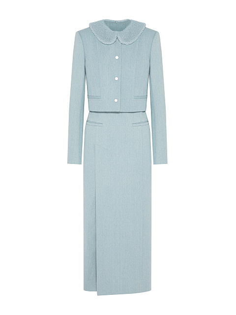 Голубой джинсовый костюм-двойка с юбкой-миди, 1 Голубой джинсовый костюм-двойка с юбкой-миди, 1