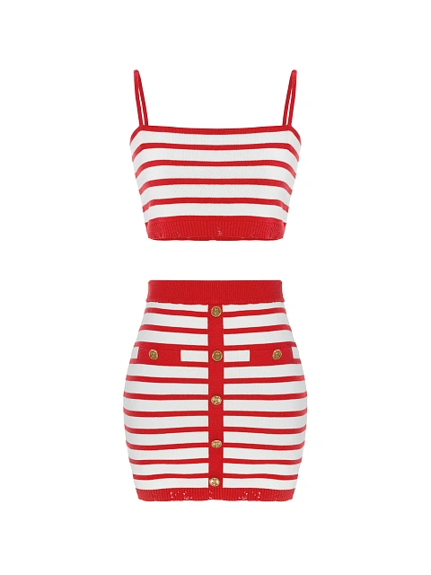 Белый комплект в красную полоску из топа и юбки-мини, 1 Белый комплект в красную полоску из топа и юбки-мини, 1