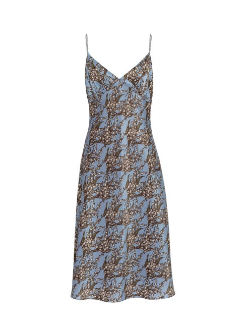 Голубое платье-миди из шелка с принтом и серебряными бретелями, 1