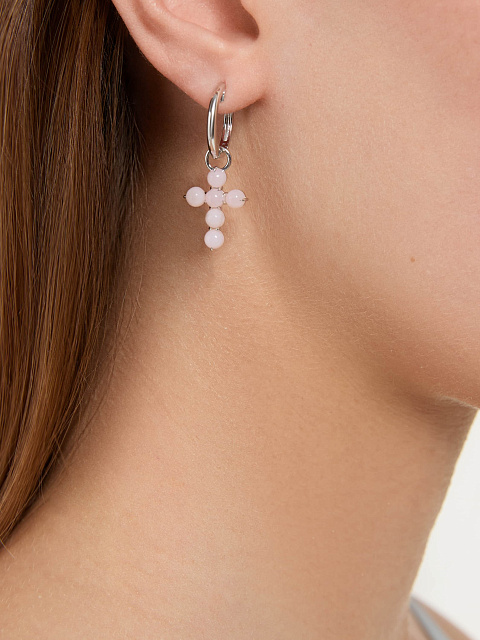 Хупсы из белого золота с подвесками в виде крестов с розовым опалом, 2 Хупсы из белого золота с подвесками в виде крестов с розовым опалом, 2