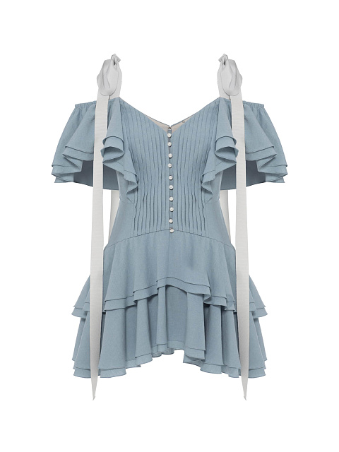 Голубое платье-мини из хлопка с воланами, 1