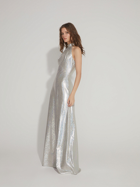 Серебристое голографическое платье-макси, 6