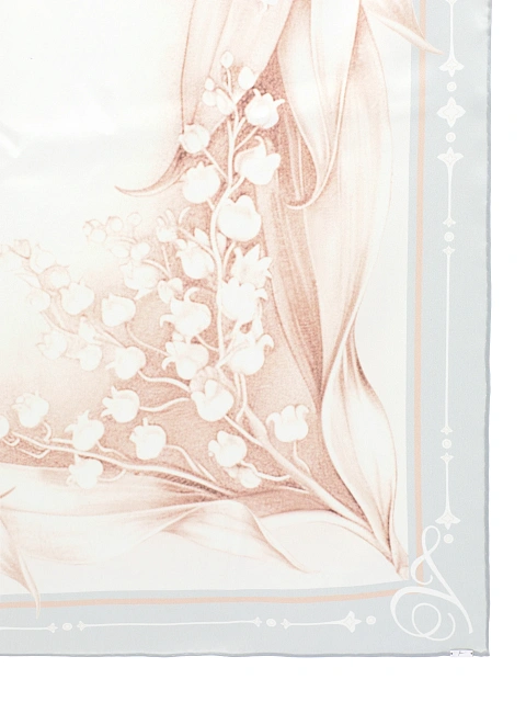 Бежево-серый шелковый платок с принтом в виде ландышей, 3