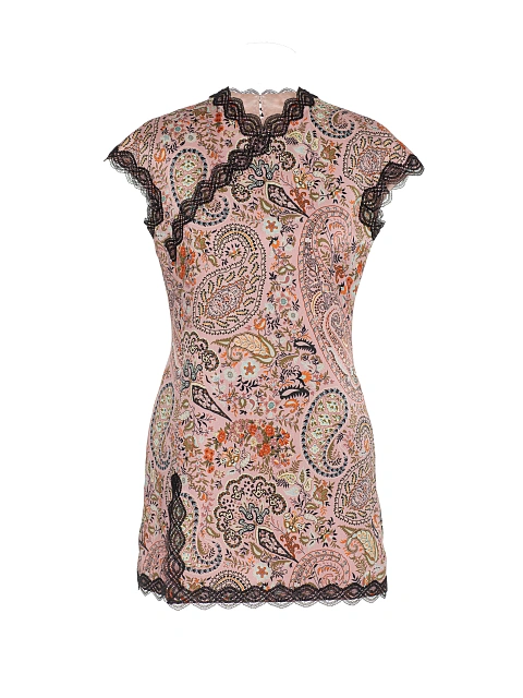 Розовое платье-мини с узором пейсли и кружевом, 1