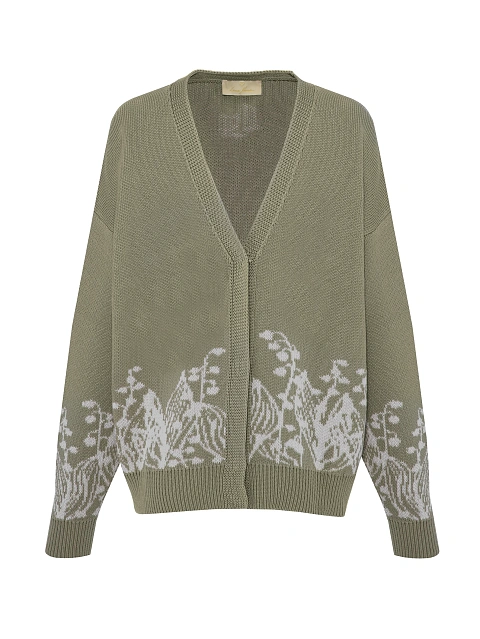 Оливковый оверсайз кардиган с ландышами, 1
