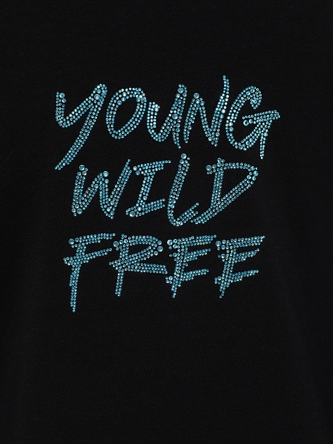 Черный хлопковый лонгслив с фигурным низом и голубыми стразами, 3