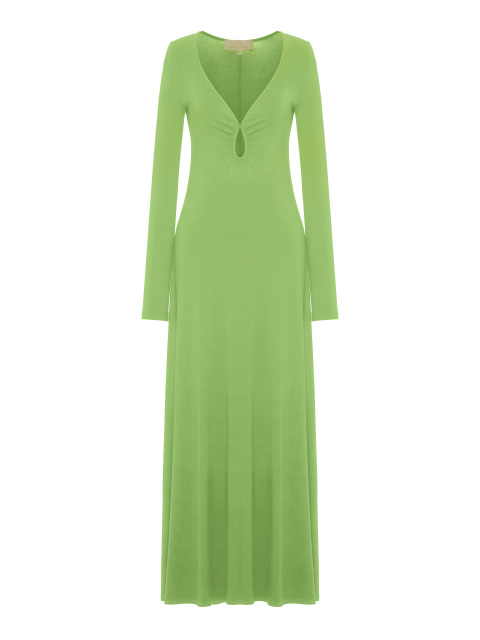Зеленое трикотажное платье-макси с фигурным вырезом, 1