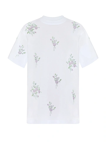 Белая хлопковая футболка с розовыми цветами из страз, 1