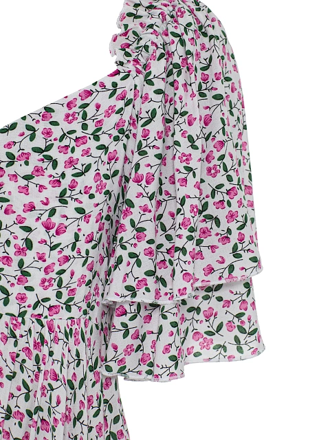 Белое платье-мини из хлопка с цветочным принтом и воланами, 3