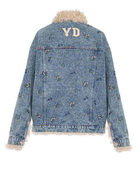 Синяя куртка из денима с подкладом из овчины и цветочной вышивкой, 2