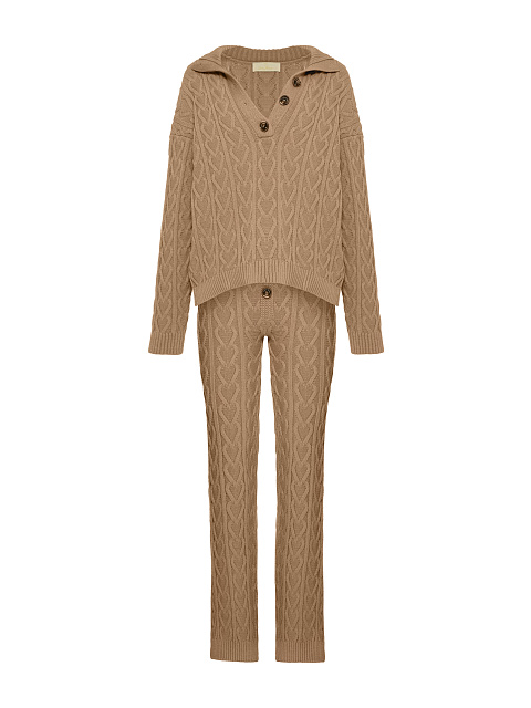 Бежевый вязаный комплект из пуловера и брюк, 1