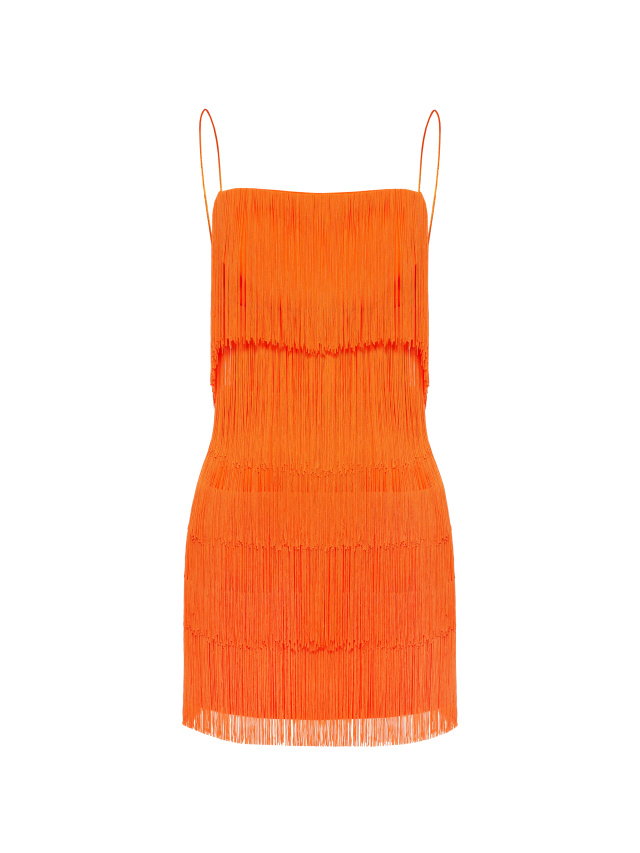 Оранжевое платье-мини с бахромой, 1