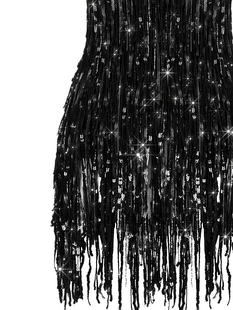 Черное кожаное платье-мини с бахромой из пайеток, 3