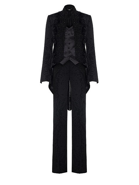 Черный костюм-тройка из жаккарда с кружевом и перьями, 14