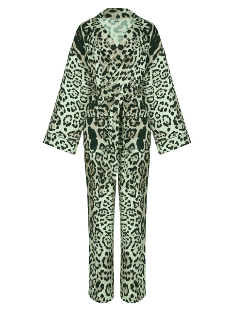 Зеленый домашний костюм из шелка с леопардовым принтом, 1