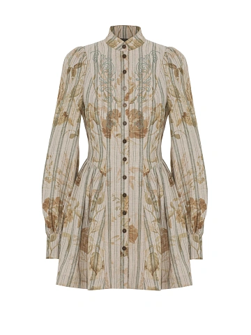 Бежевое льняное платье-мини с цветочным принтом, 1