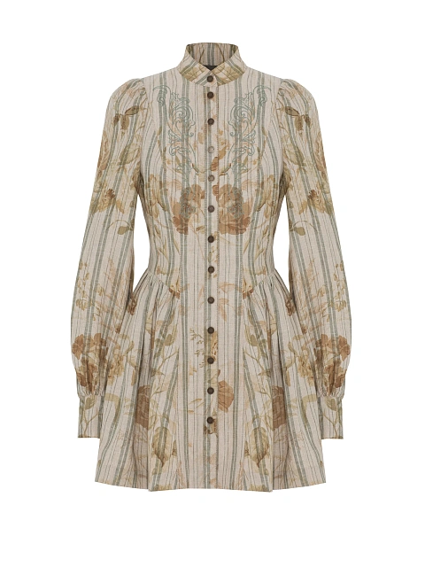 Бежевое льняное платье-мини с цветочным принтом, 1 Бежевое льняное платье-мини с цветочным принтом, 1