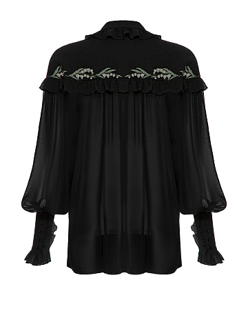 Черная хлопковая блузка с рюшами и вышивкой, 2