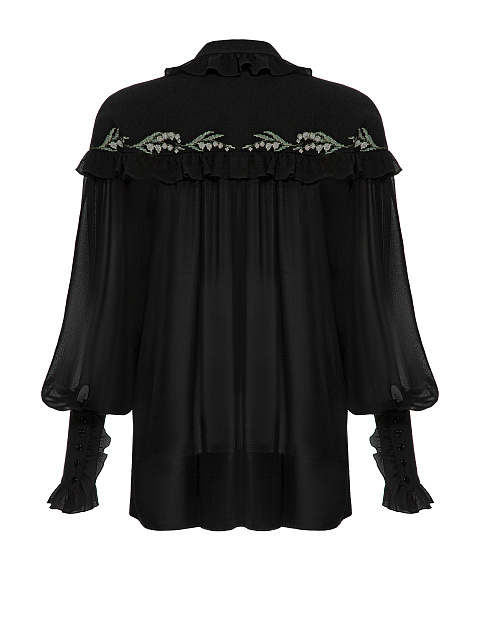 Черная хлопковая блузка с рюшами и вышивкой, 2