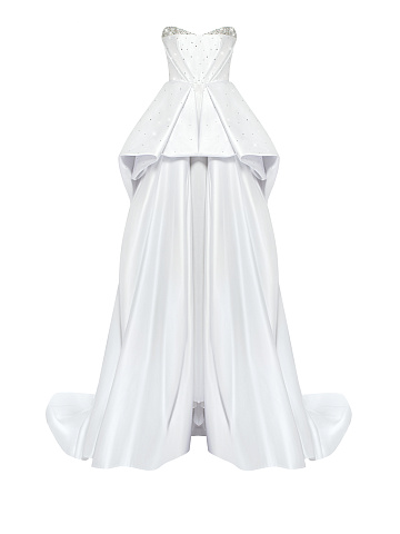 Белое платье-макси из шелка с баской и шлейфом, 1