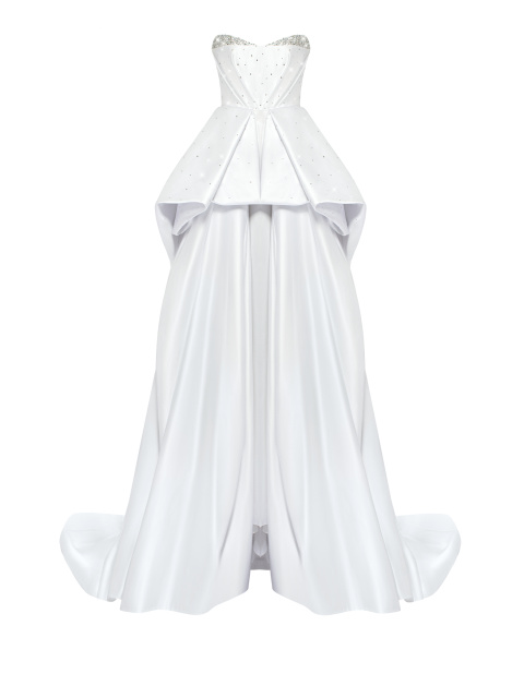 Белое платье-макси из шелка с баской и шлейфом, 1