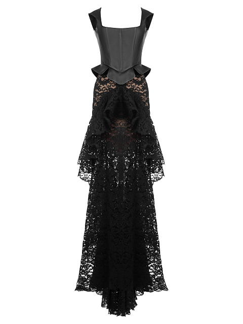 Черное кожаное платье-макси с кружевом, 1