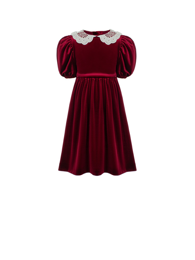 Бордовое детское платье из бархата с кружевным воротником, 1
