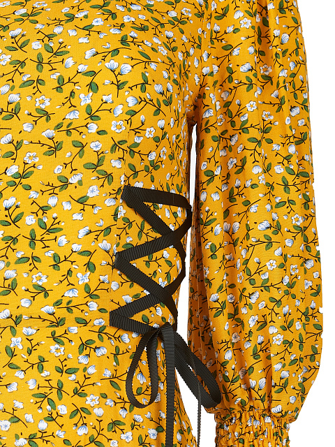 Желтое платье-миди с цветочным принтом и шнуровкой на талии, 3