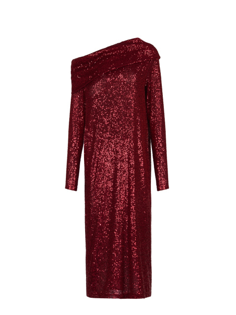 Бордовое платье-миди с пайетками и открытым плечом, 1