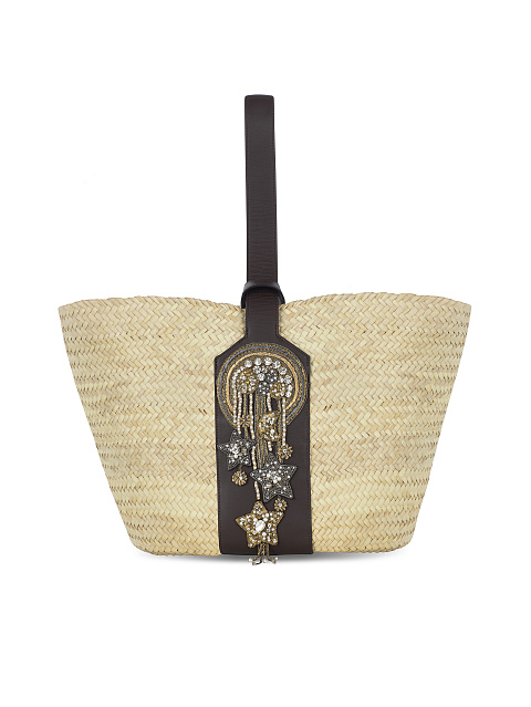 Плетеная соломенная сумка с кожаной ручкой и вышивкой, 1