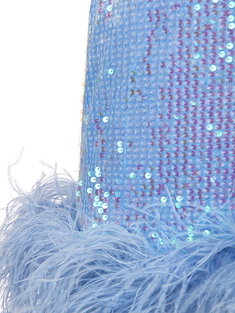 Голубое бархатное платье-мини в пайетках с боа, 3