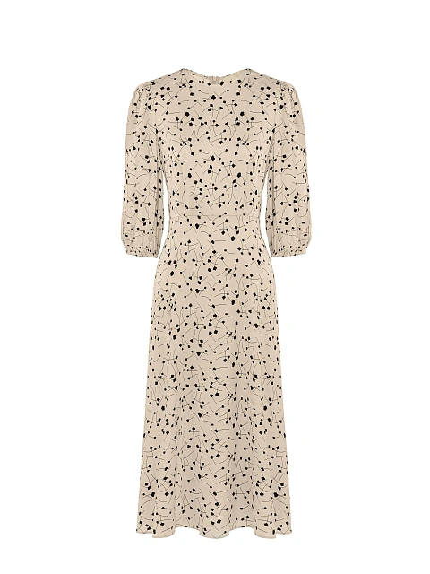 Бежевое платье-миди с рукавами-фонариками и принтом, 1
