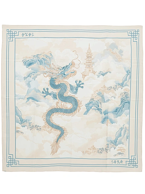 Бежевый шелковый платок с голубым принтом, 1