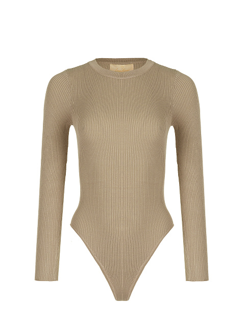 Темно-бежевое трикотажное боди с круглым вырезом, 1