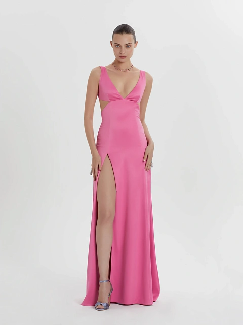 Розовое платье-макси из атласа с вырезами и шлейфом, 5