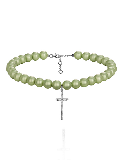 Колье-чокер из зеленого жемчуга с кулоном из серебра с фианитами, 1