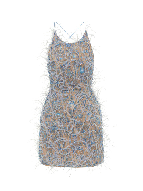Голубое платье-мини из сетки с перьями и стразами, 1