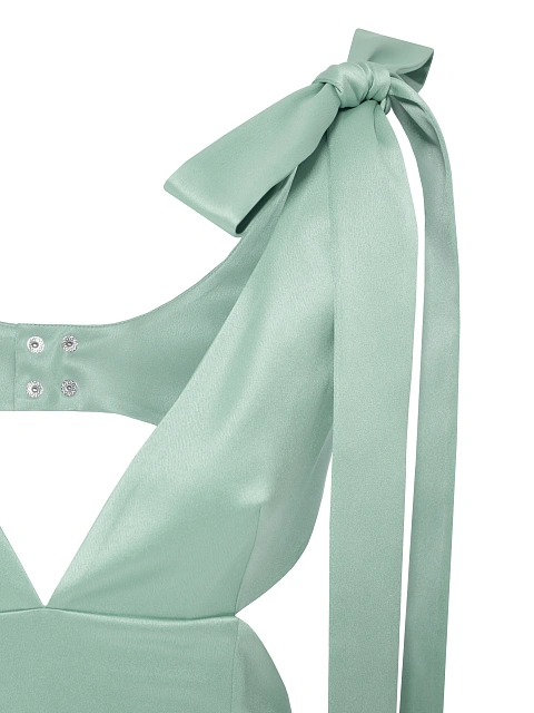 Зеленое платье-макси из атласа с вырезами и шлейфом, 4