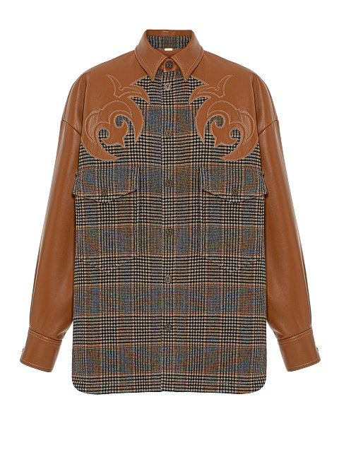 Коричневая рубашка из шерсти с узором и отделкой из кожи, 1 Коричневая рубашка из шерсти с узором и отделкой из кожи, 1