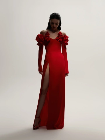 Красное платье-макси из шелка с бантами, 1