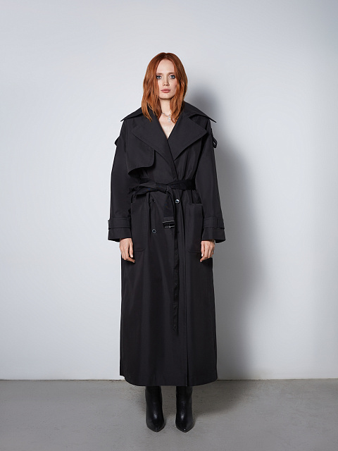 Черный двубортный тренч из хлопка с отделкой из кожи, 5