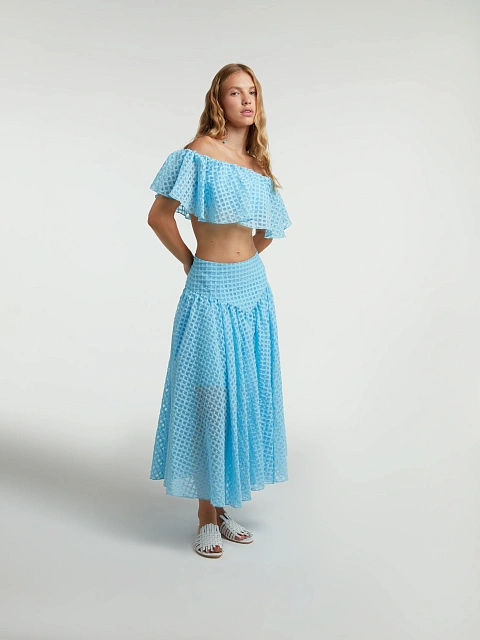 Голубой шифоновый комплект из топа и юбки-миди, 6