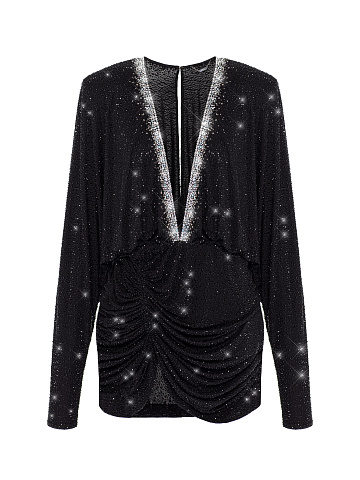 Черное трикотажное платье-мини с V-образным вырезом и стразами, 1