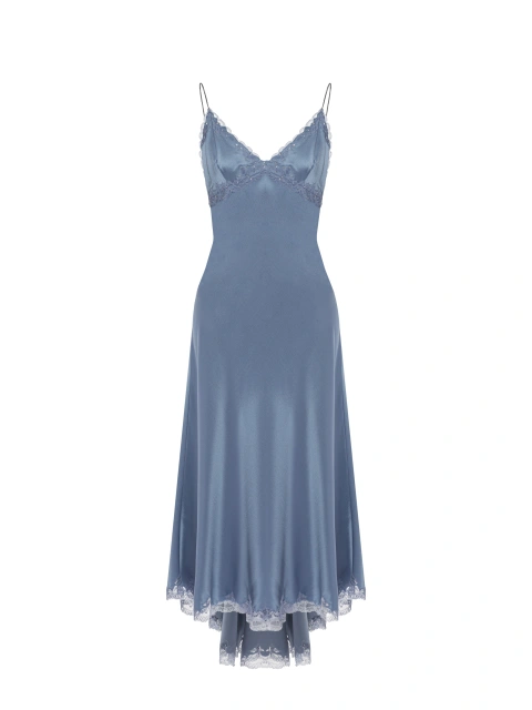 Синее платье-миди из шелка с кружевом и серебряными бретелями, 1