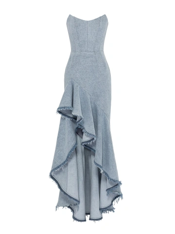 Голубое платье-макси из денима с асимметричным подолом, 1