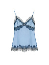 Голубой шелковый топ с черным кружевом